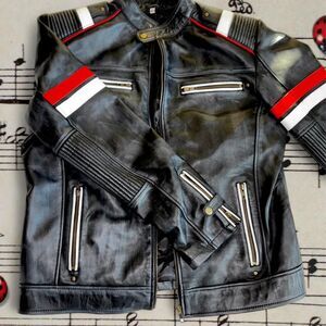 Real leather biker jacket with red accents